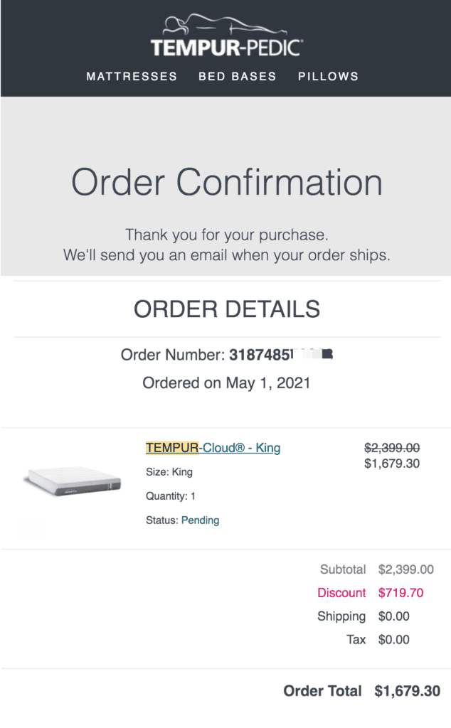 What Make Mattresses So Expensive? - Tempur-Pedic mattress order confirmation